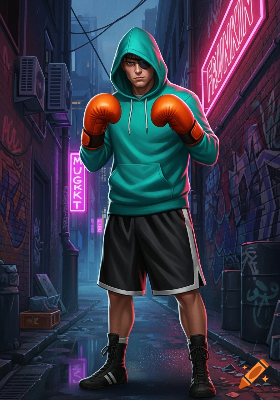 A male boxer with an eye patch and orange gloves stands in a dark urban alley lit by neon signs.
