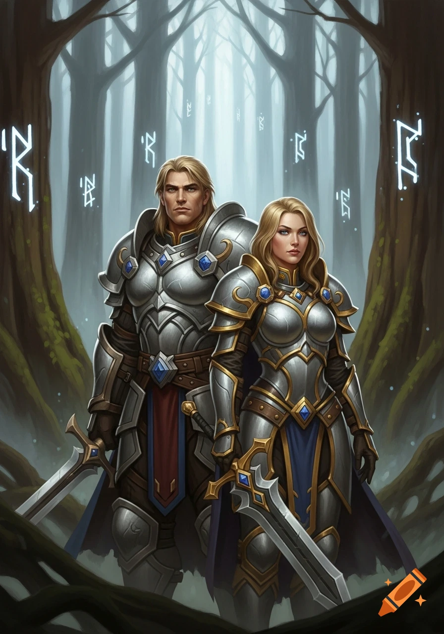 A male and female human warrior in detailed silver and gold fantasy armor, holding swords, stand in a mystical misty forest with glowing runes, digital art style.