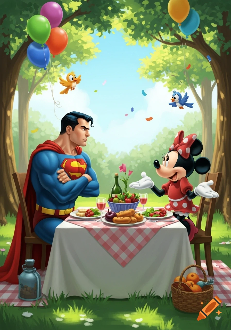 Superman with a displeased expression sitting at a picnic table across from an expressive Minnie Mouse in a vibrant park setting.