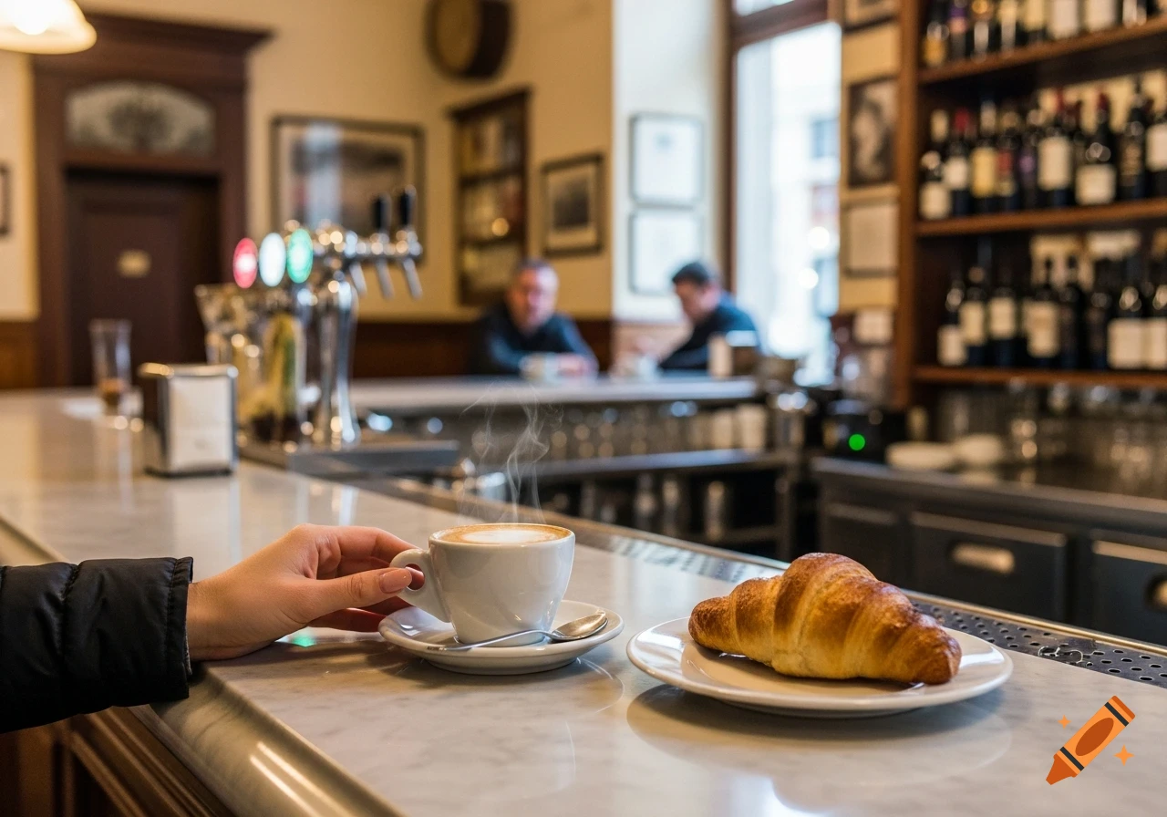 A hand holds a steaming cappuccino next to a golden-brown croissant on a marble bar in a traditional Italian cafe.