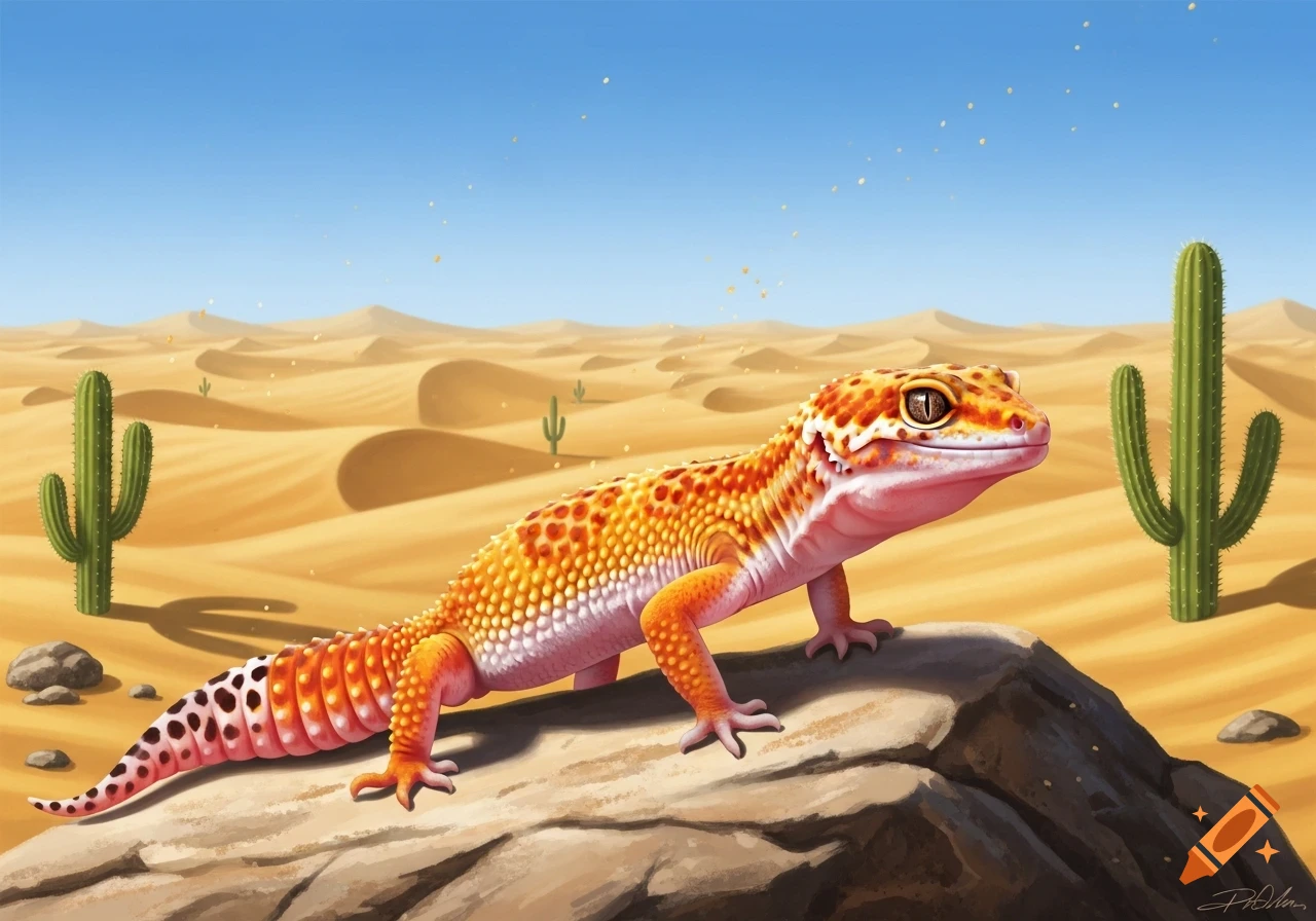 An orange leopard gecko with a white belly stands on a rock in a sunny desert with sand dunes and cacti under a blue sky.