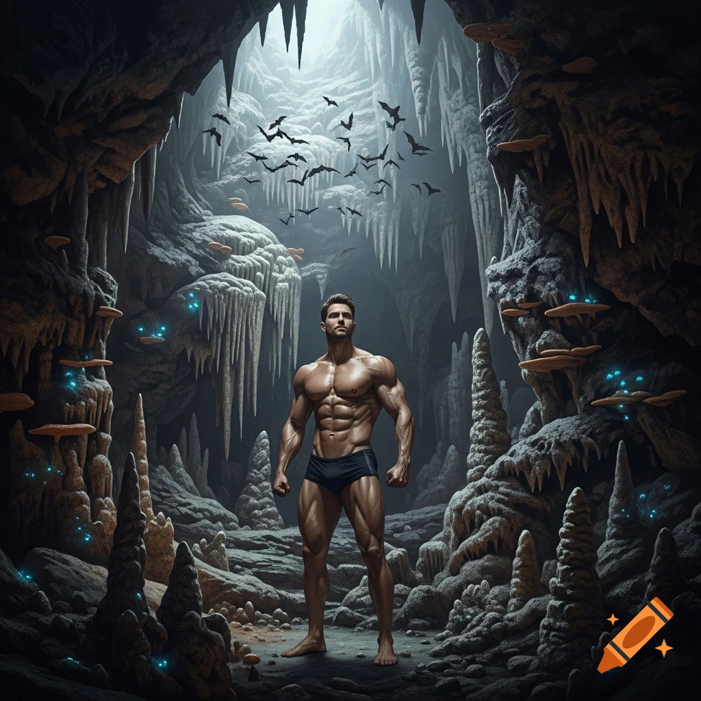 Photorealistic muscular man in black swim trunks stands in a fantastical cave with stalactites, glowing mushrooms, and flying bats.