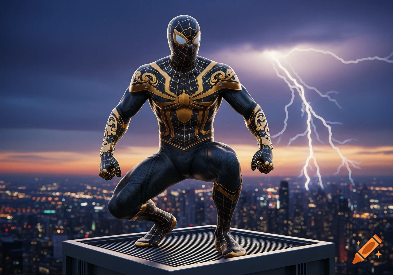 Spiderman in a black and gold suit crouches on a rooftop overlooking a city skyline at dusk, with lightning in the sky.