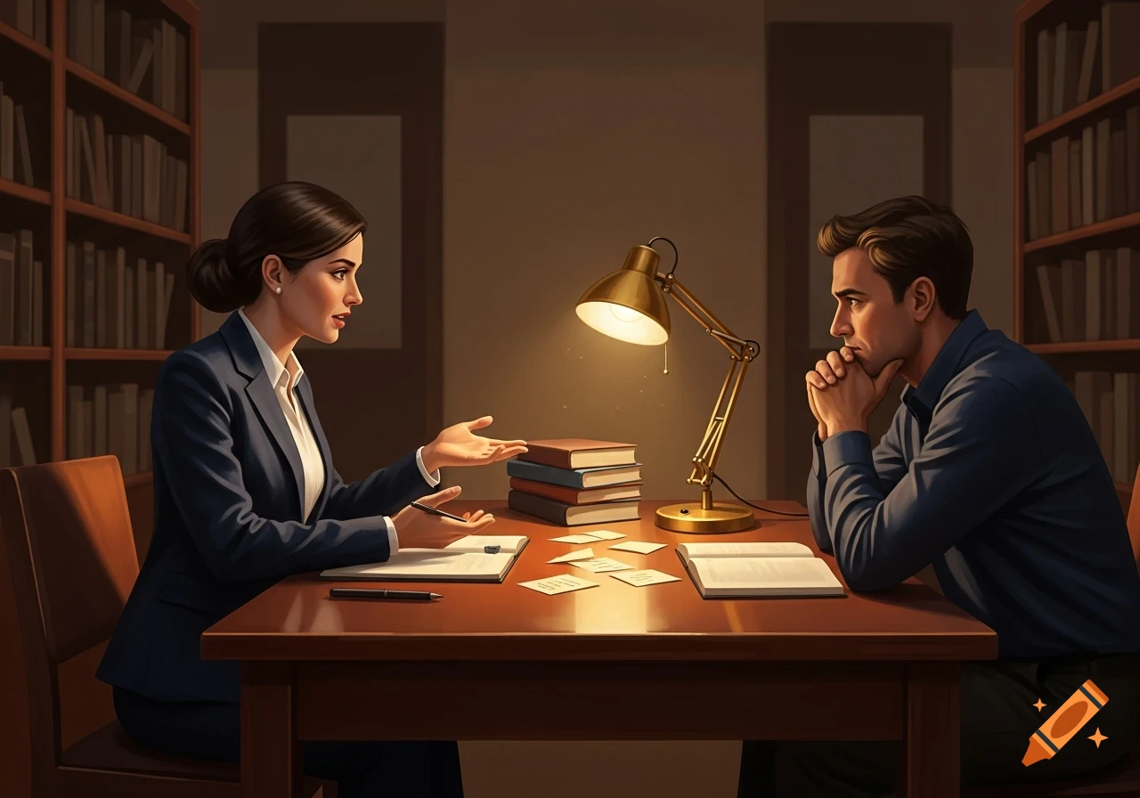 A woman in a business suit gestures while talking to a man across a desk in a lamp-lit study with bookshelves.
