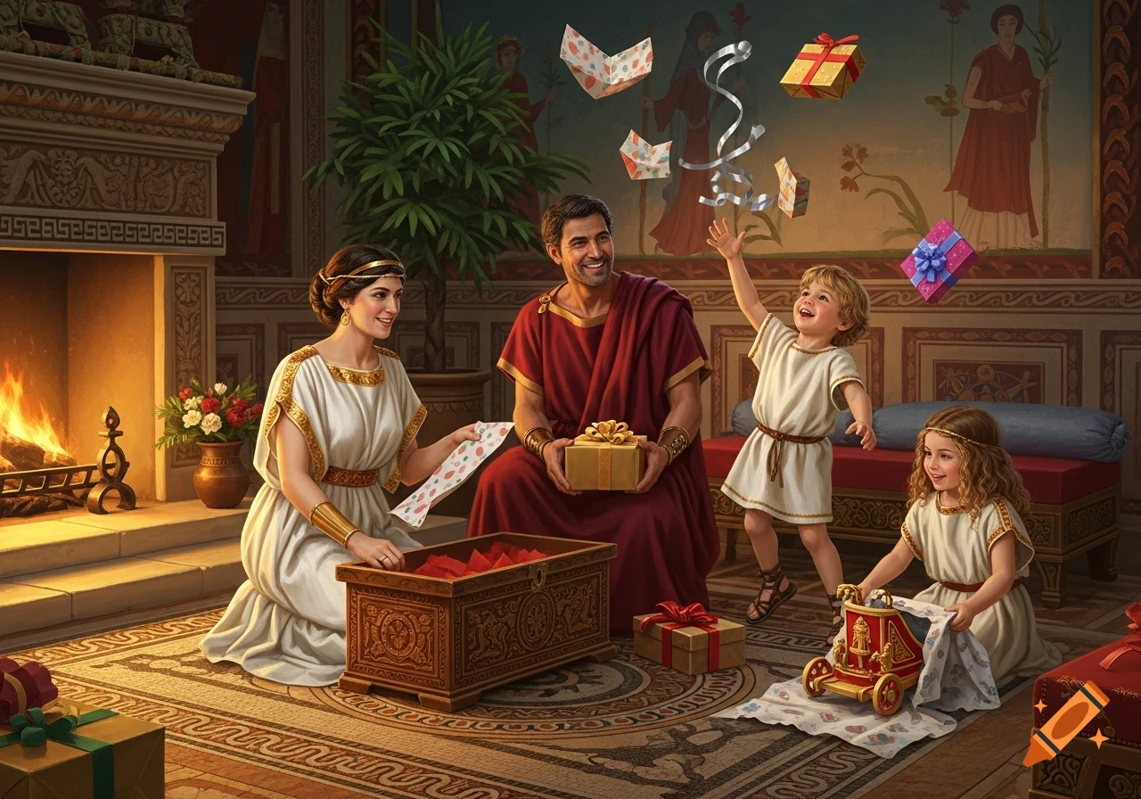A joyful Roman family opening presents in a lavish room with a fireplace and murals.