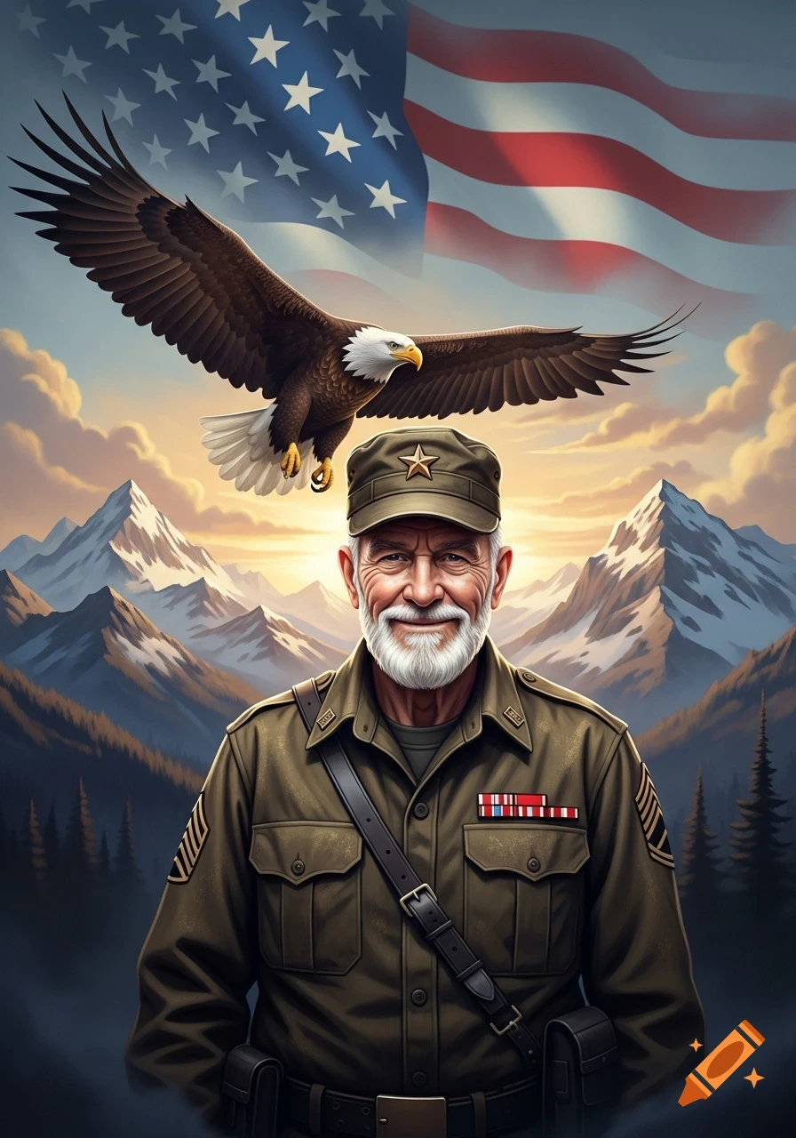 A smiling veteran in military uniform stands with a bald eagle flying above and an American flag and mountains in the background.