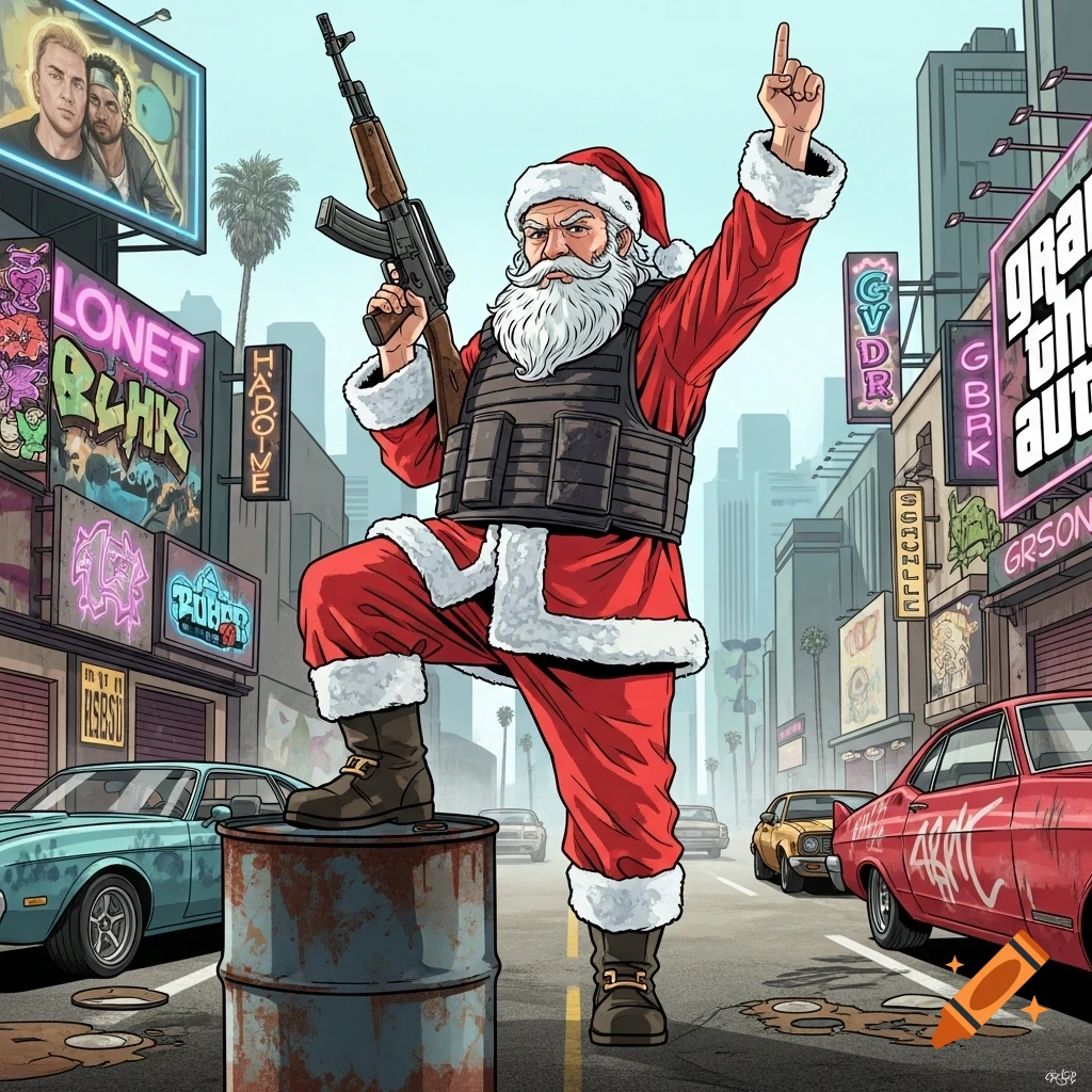 A GTA-style cartoon of Santa Claus in a bulletproof vest holding a rifle, standing on a barrel in an urban street, pointing to the sky.