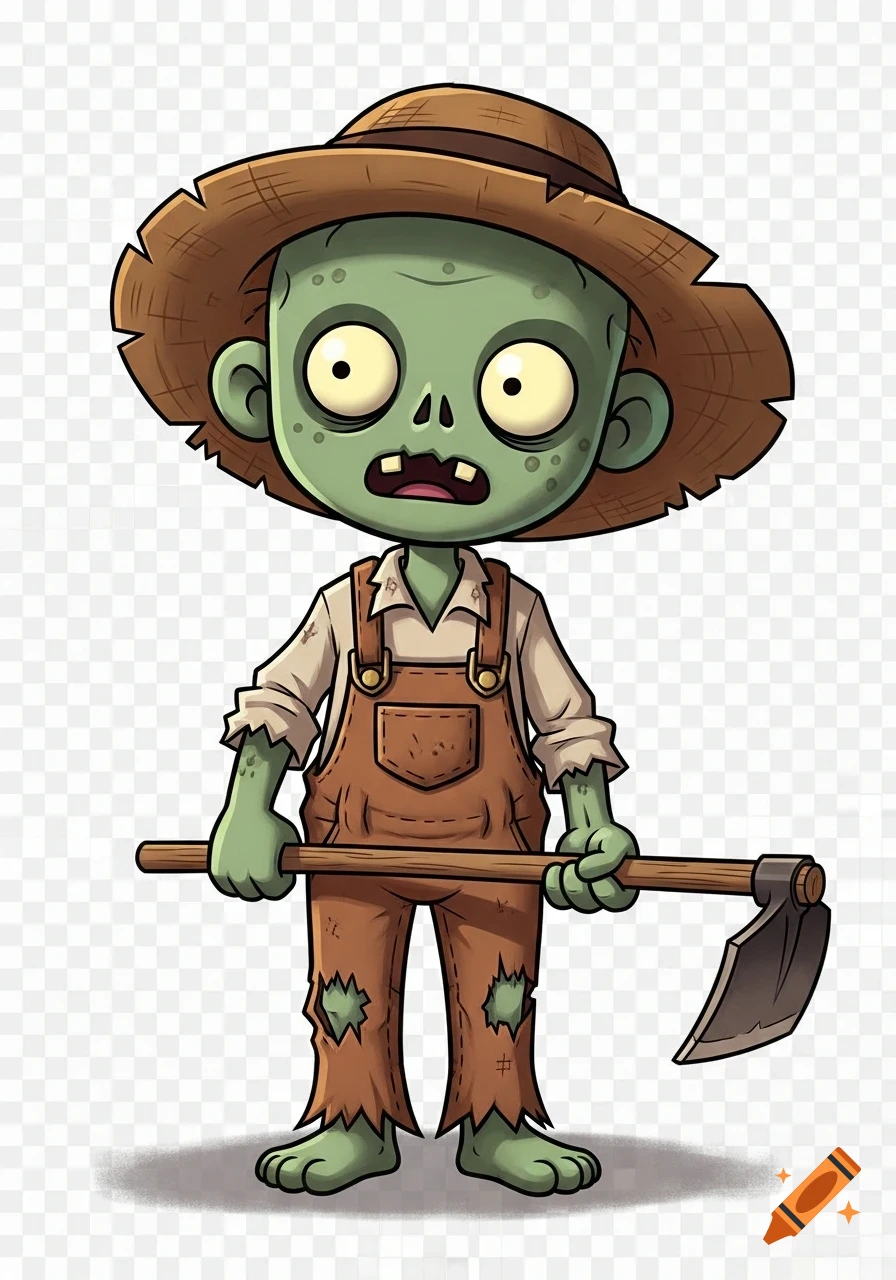 A cute 2D cartoon zombie farmer with green skin, big eyes, a straw hat, and tattered overalls, holding a hoe.