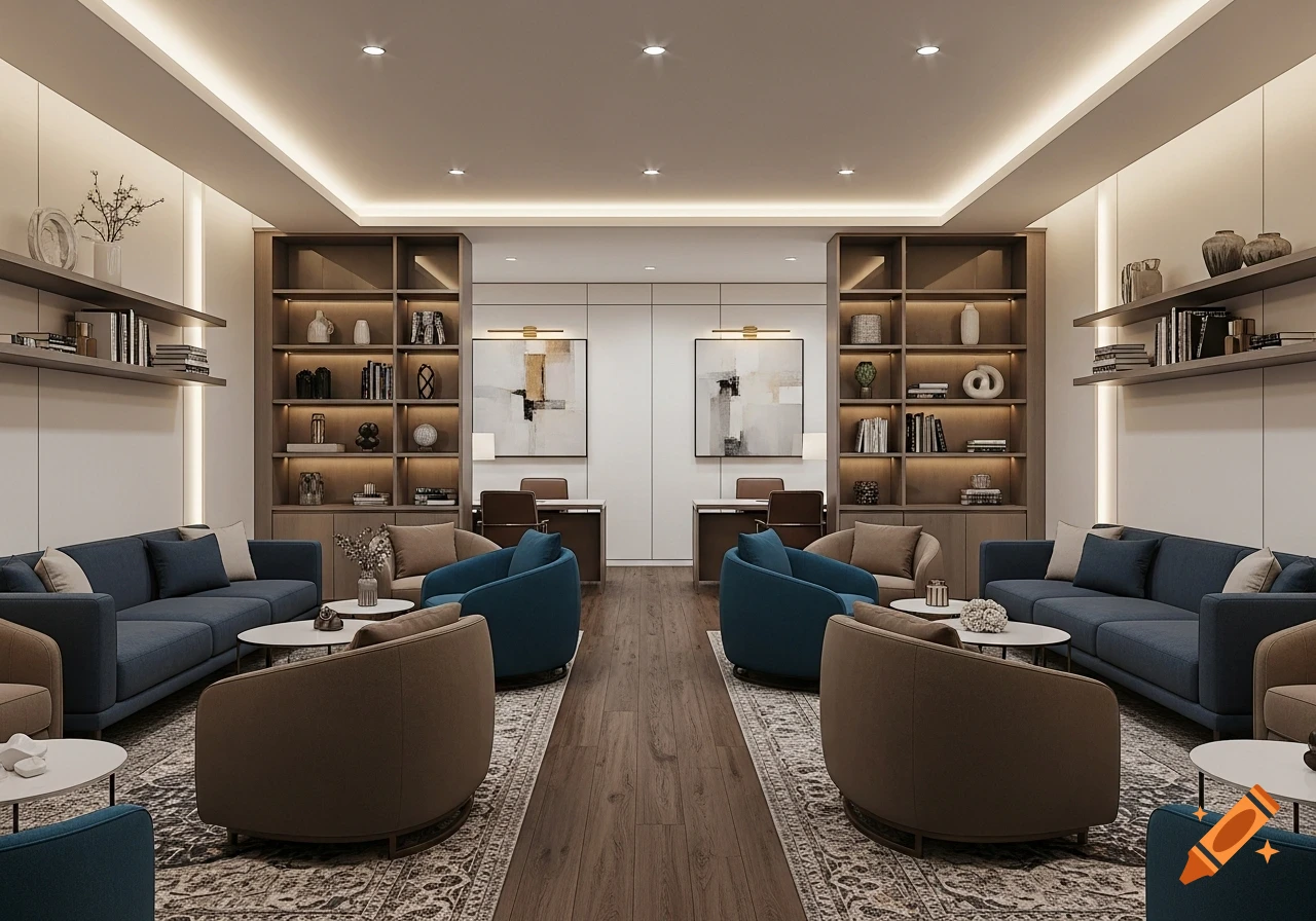 A modern, photorealistic lounge office with blue sofas, brown and teal armchairs, bookshelves, and abstract art.