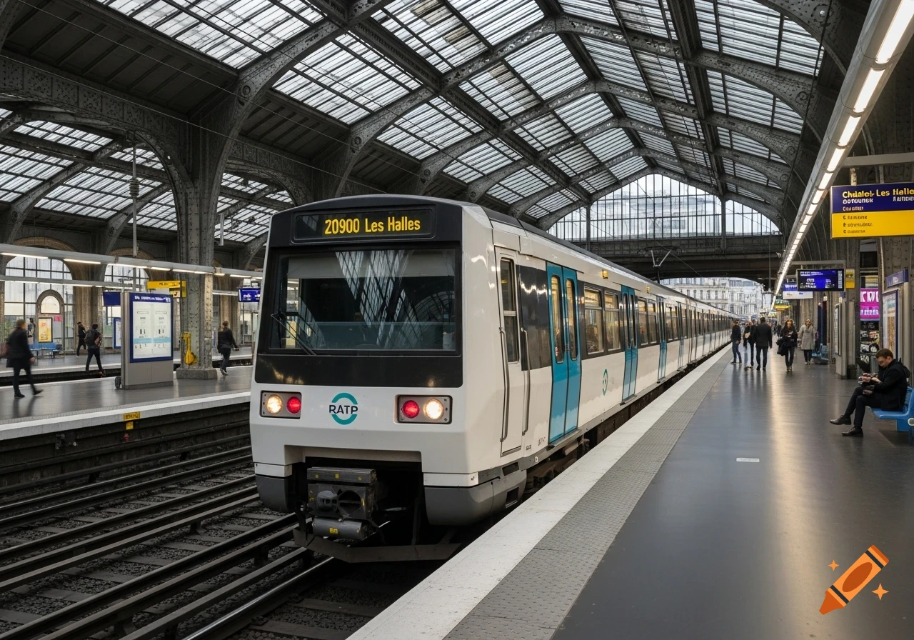 A white and blue RATP train is stopped at a platform in Ch 00e2telet-Les Halles station, with people and a glass-paneled roof.