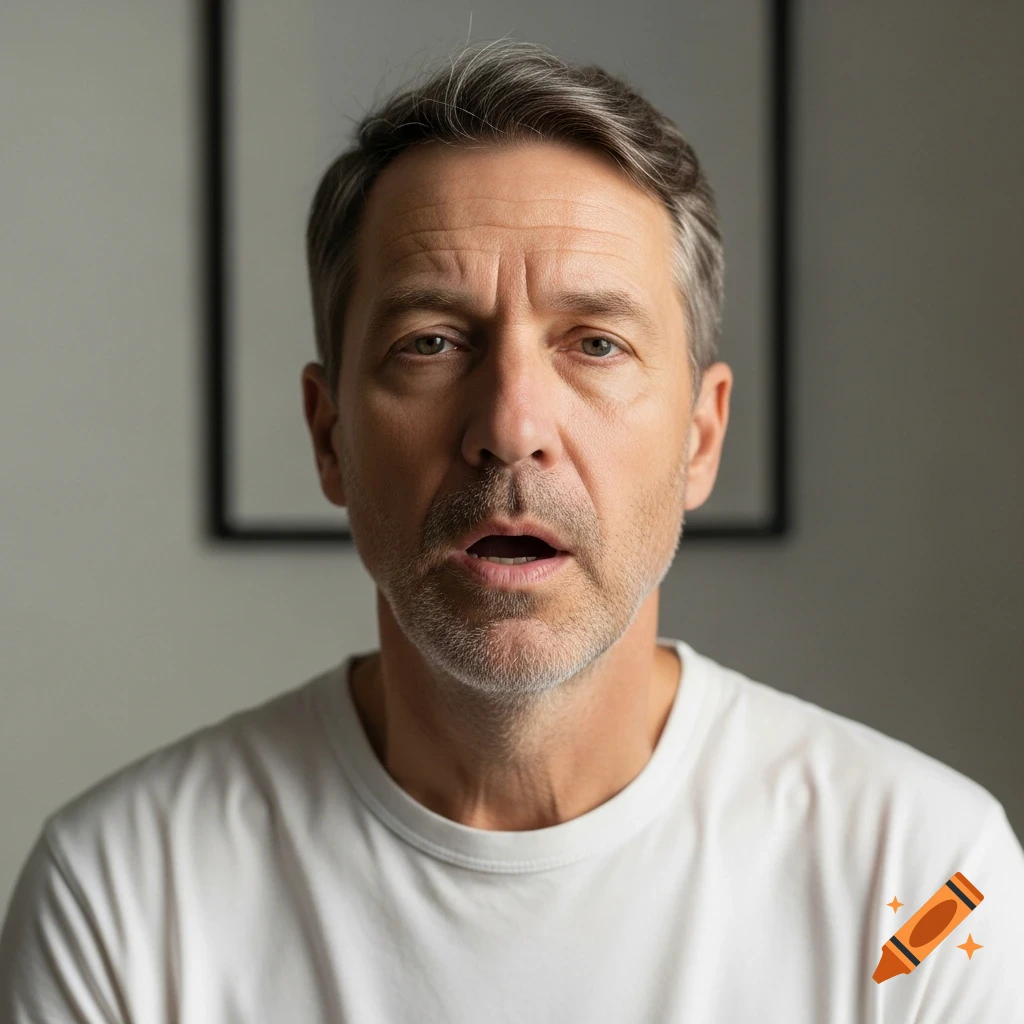 A photorealistic portrait of an adult man with graying hair, beard, and a white t-shirt, showing subtle stress with an open mouth.