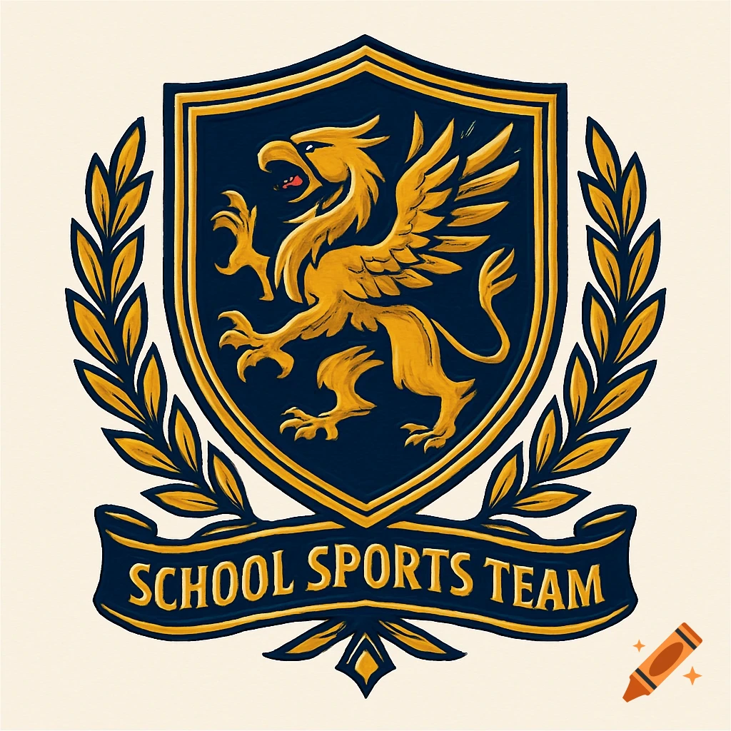 A gold griffin on a dark blue shield with golden laurel branches and a banner reading 'SCHOOL SPORTS TEAM' in an emblem style.