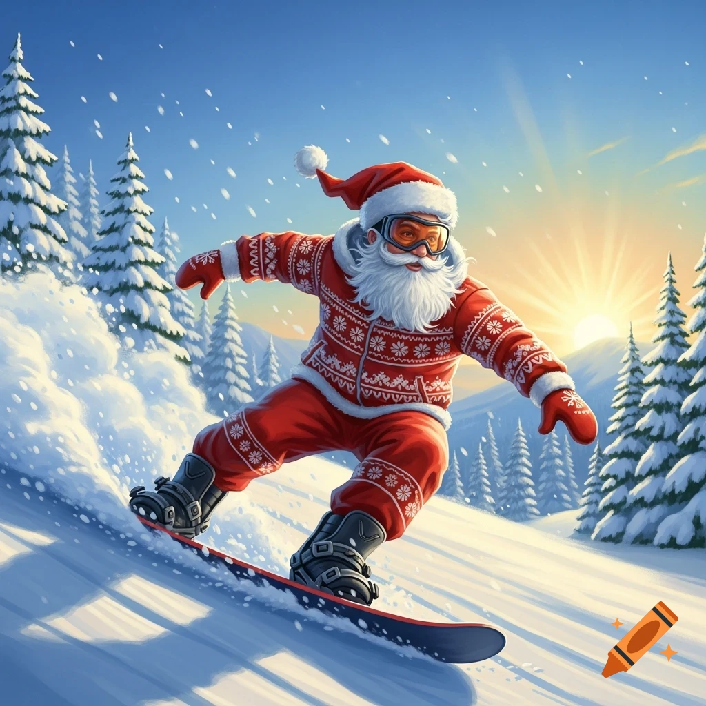 A vibrant illustration of Santa Claus snowboarding down a snowy mountain with pine trees under a bright sun.