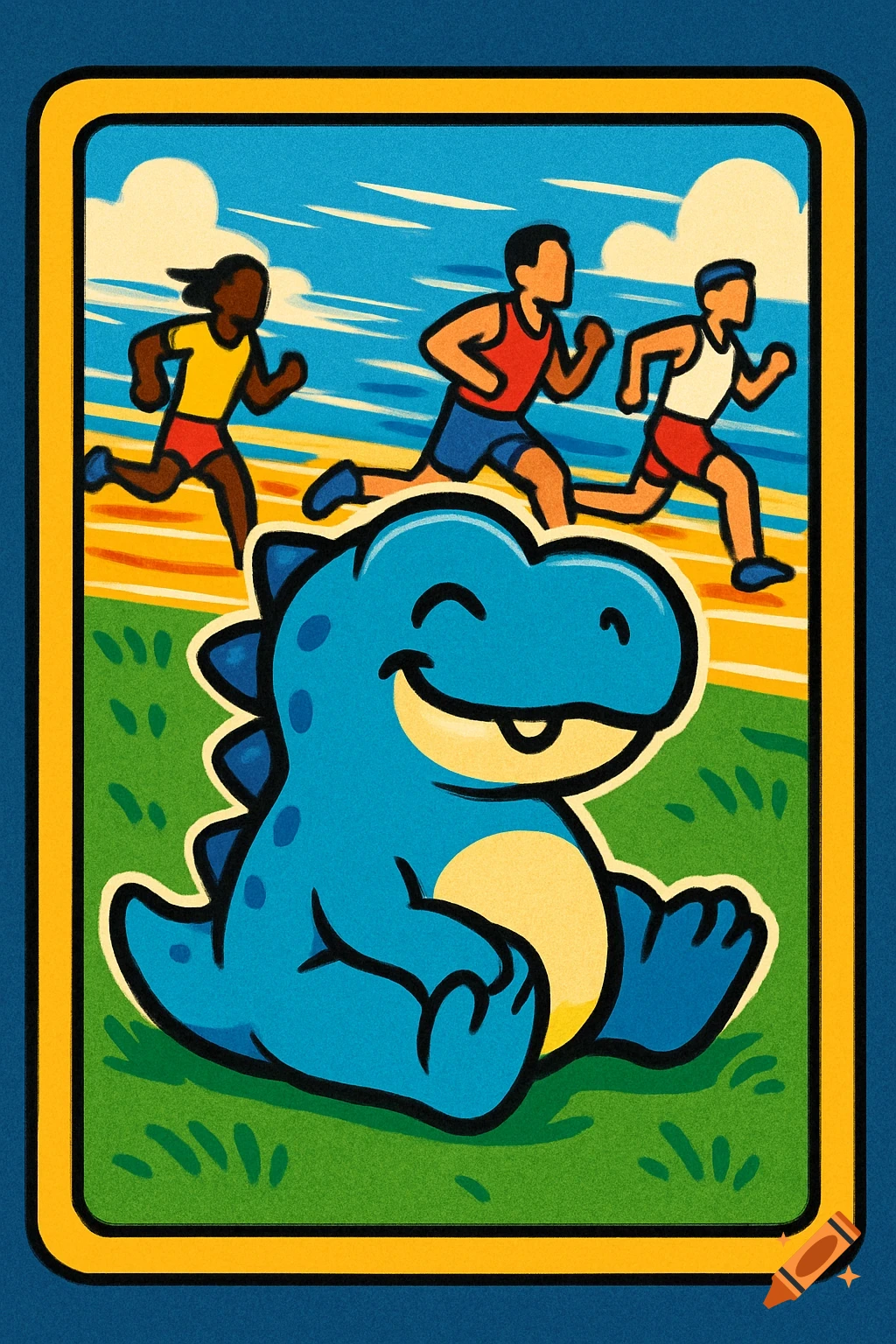 A cheerful blue cartoon dinosaur rests on a grassy field while three runners race in the background. Game card style.
