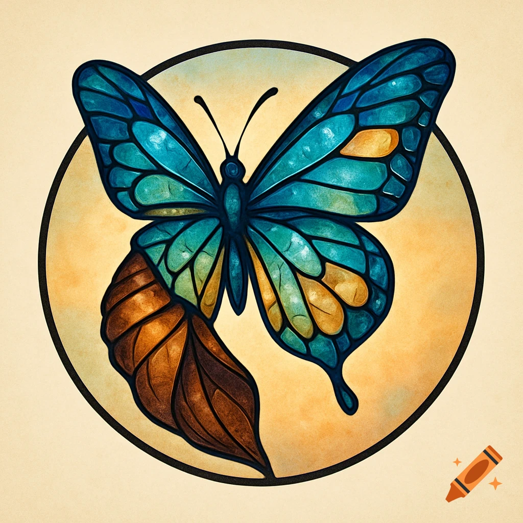 A stylized blue and orange stained glass butterfly emerges from a brown cocoon within a circular frame.