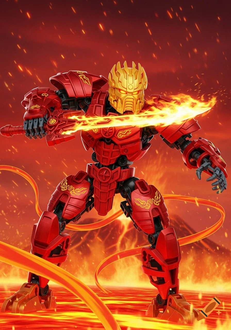 A red and gold robot action figure stands in a lava environment, holding a flaming sword.