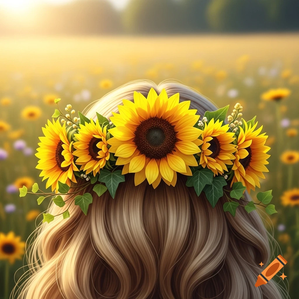 Person with long blonde hair viewed from behind, wearing a vibrant sunflower crown in a sunlit field.