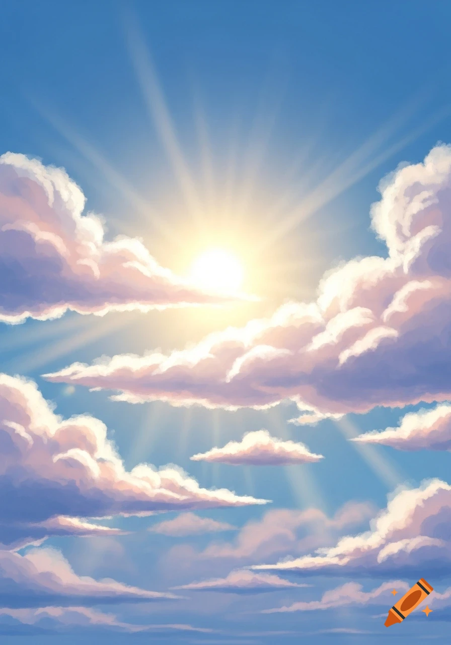 A bright sun with prominent rays shines through fluffy white and pink clouds in a blue sky, in a stylized illustration.