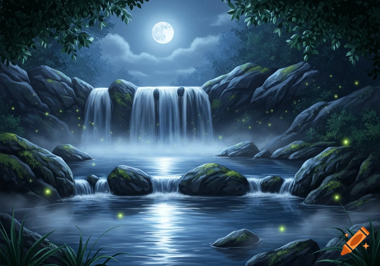 A magical night landscape with a waterfall flowing over mossy rocks, reflecting a bright full moon, surrounded by a dark forest and glowing fireflies.