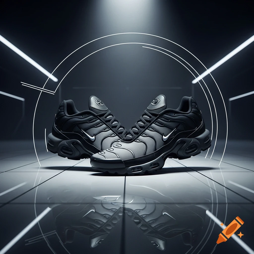 Two black Nike Air Max Plus sneakers with silver accents on a reflective floor in a dark, futuristic room with glowing lines.