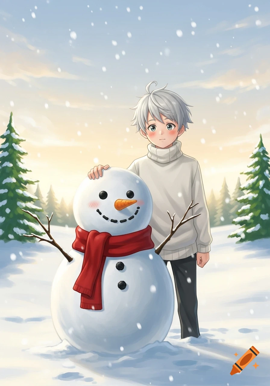 An anime boy with white hair and a white turtleneck sweater stands next to a snowman in a snowy forest scene, with light snowfall.