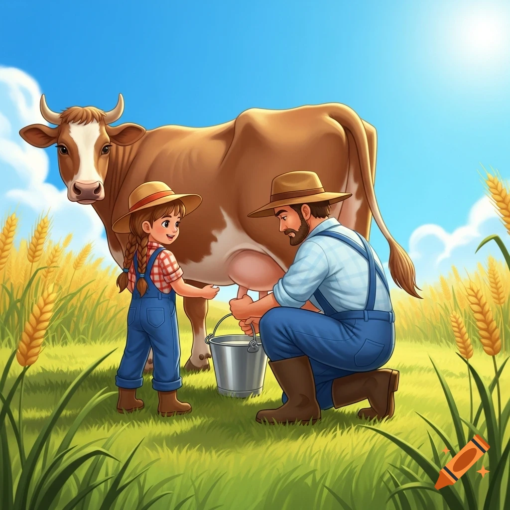 A cartoony illustration of a farmer milking a cow with a young girl watching in a bright, rural field.