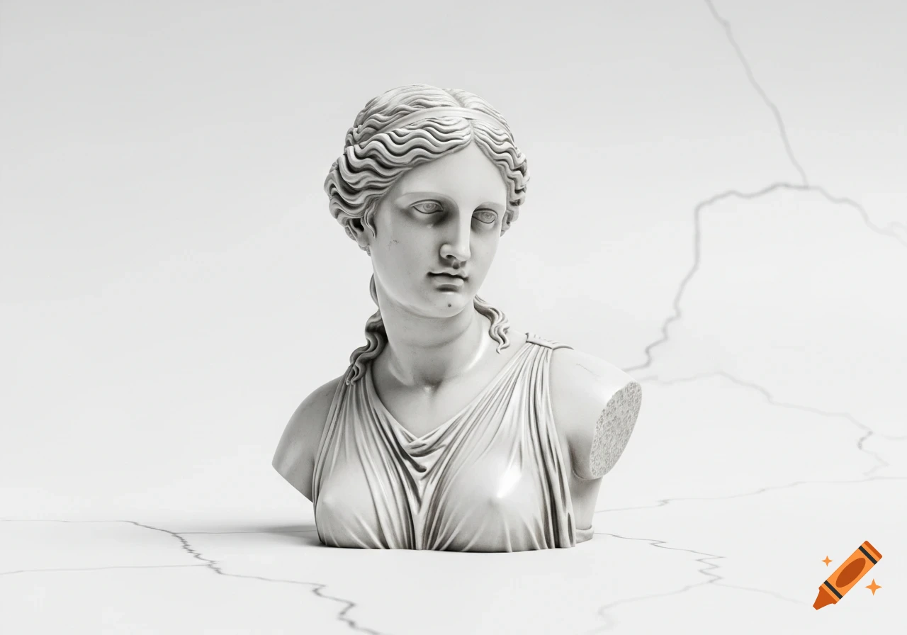 Photorealistic white marble bust of Aphrodite statue against a minimal cracked white background.