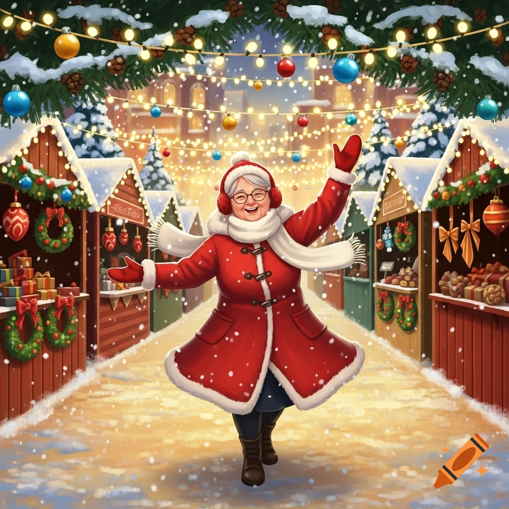 A joyful elderly woman with hands raised celebrates in a snowy, illuminated Christmas market. Illustrated style.