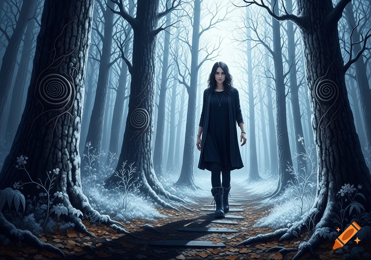 A woman in a black dress and boots walks on stepping stones through a dark, misty, snow-dusted forest with spiral-carved tree trunks.