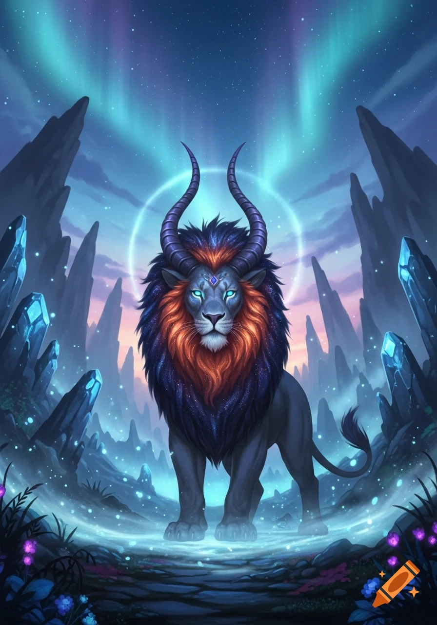 A majestic horned lion-like creature with a cosmic mane and glowing eyes in a magical landscape with aurora and crystals.
