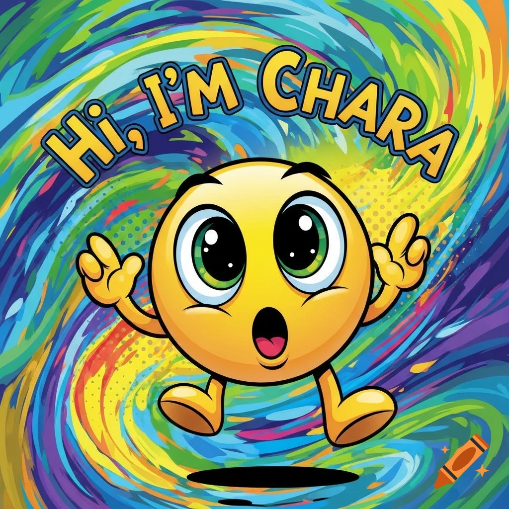 A surprised yellow cartoon emoji with big green eyes and outstretched arms, saying "Hi, I'm Chara" against a vibrant, swirling colorful background.