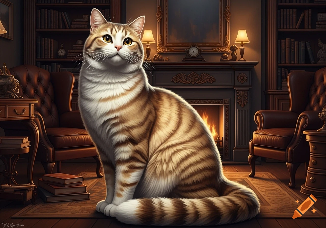 A fluffy tabby cat sits on a rug in a grand, dimly lit library with a fireplace and leather armchairs, looking up.