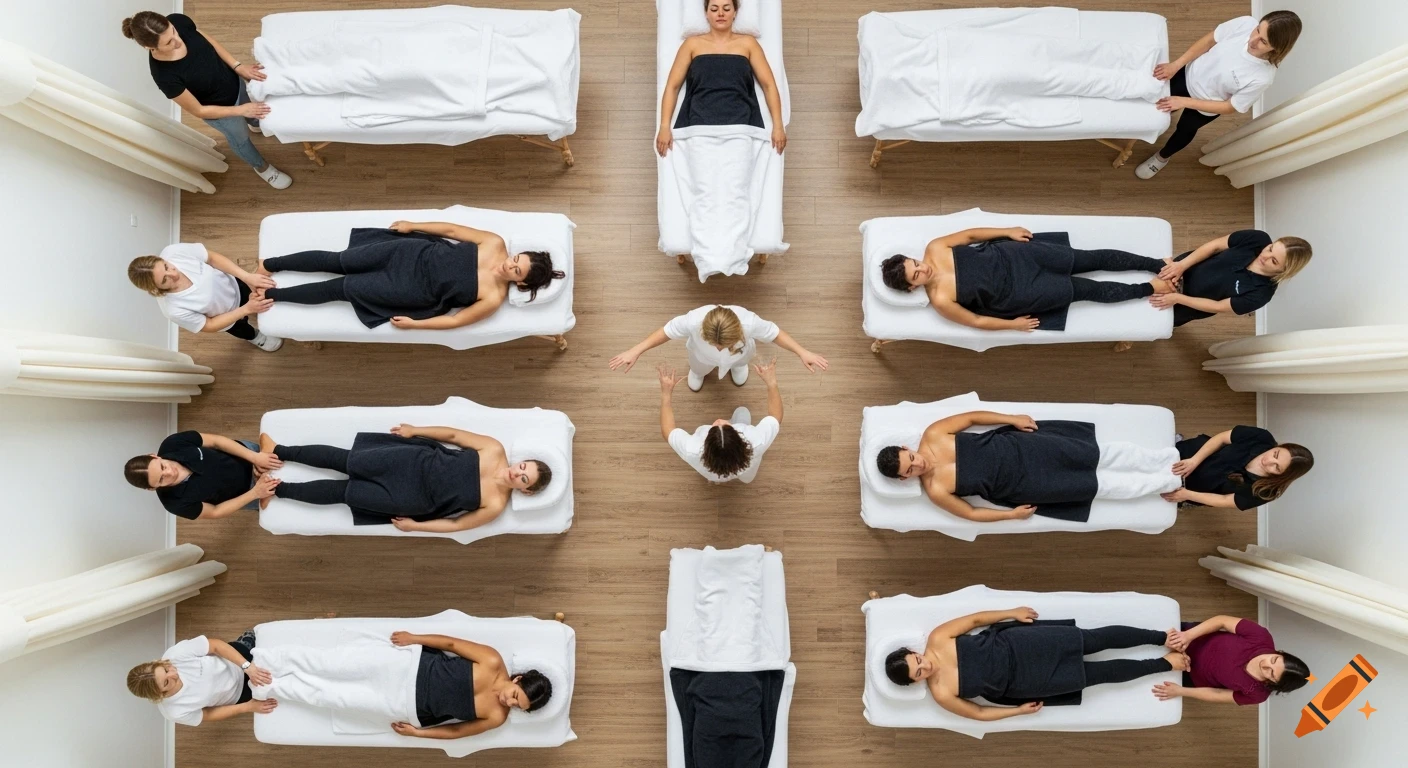 Aerial top-down view of a large massage room with ten tables. Therapists give massages to clients under black towels, while two instructors stand in the central aisle.