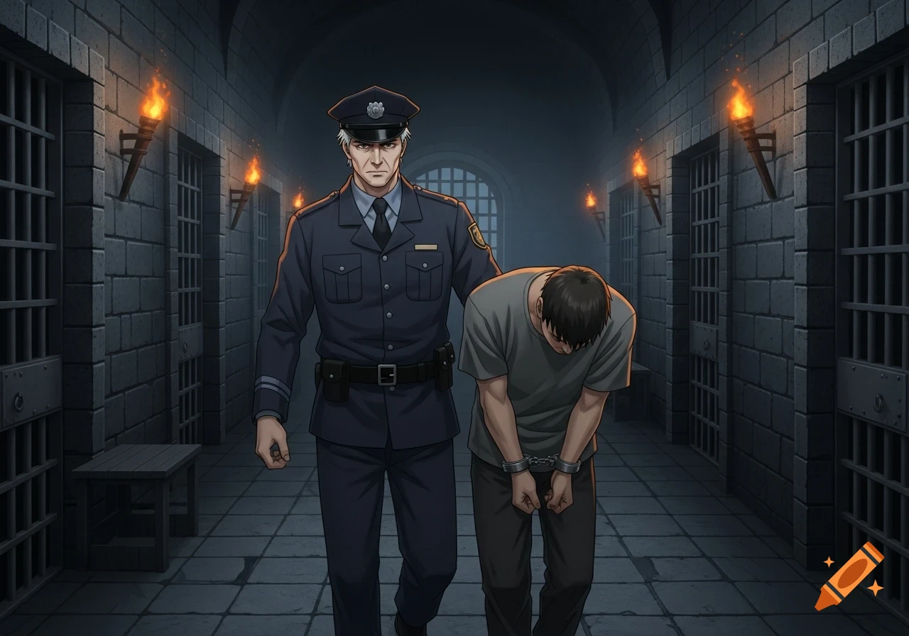 An anime-style police officer leads a handcuffed prisoner through a torch-lit dungeon with cell doors.