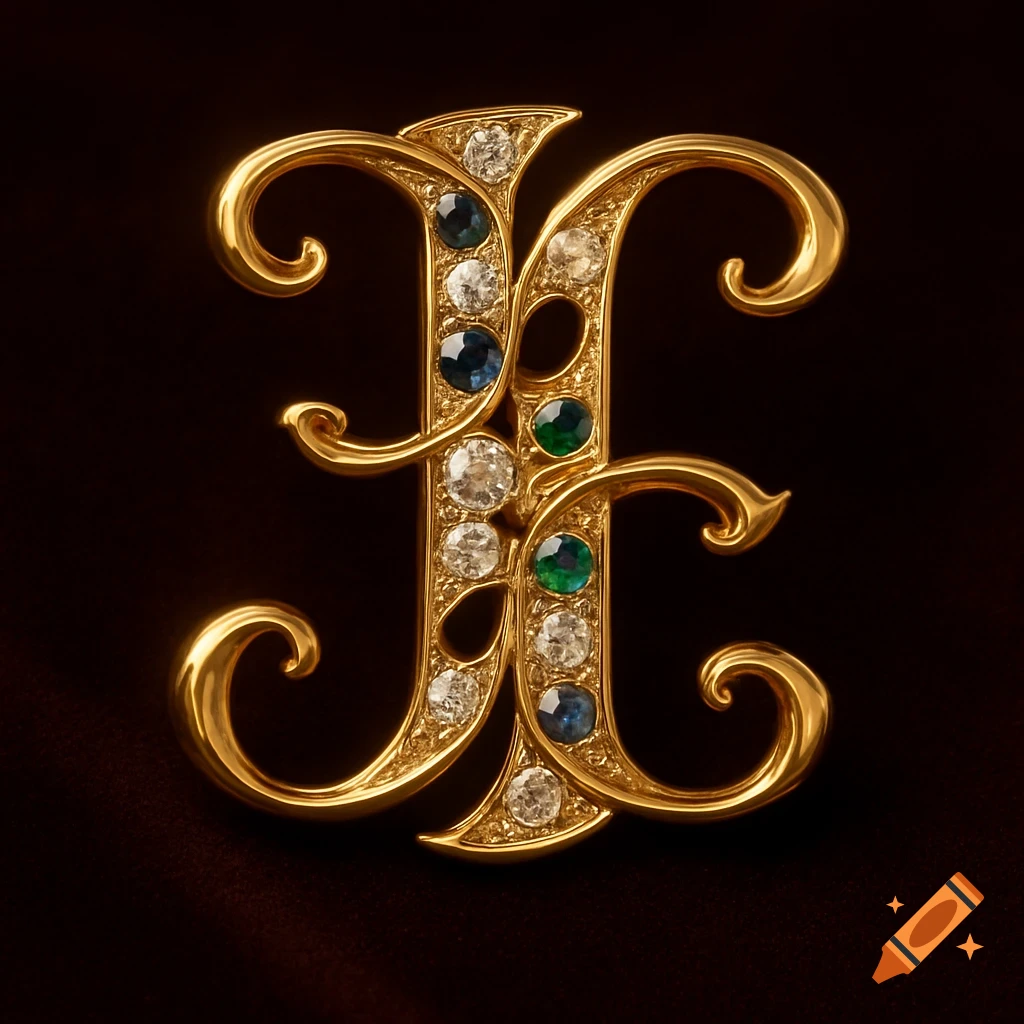 Ornate gold ambigram initial jewelry piece, set with sparkling diamonds, deep blue sapphires, and vibrant green emeralds on a dark background.