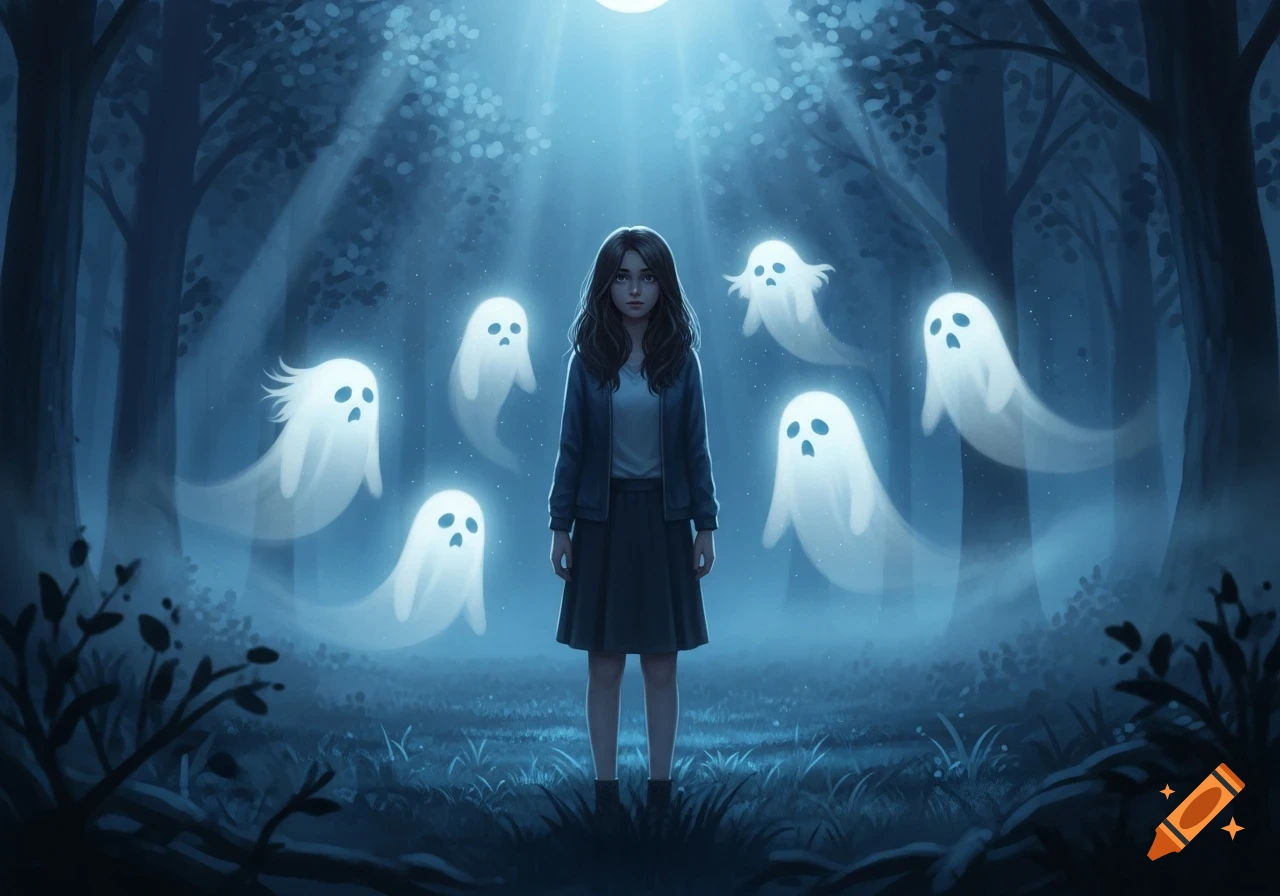 Illustrated depiction of a brunette girl standing in a dark, misty forest, surrounded by glowing white ghosts as light shines down from above.