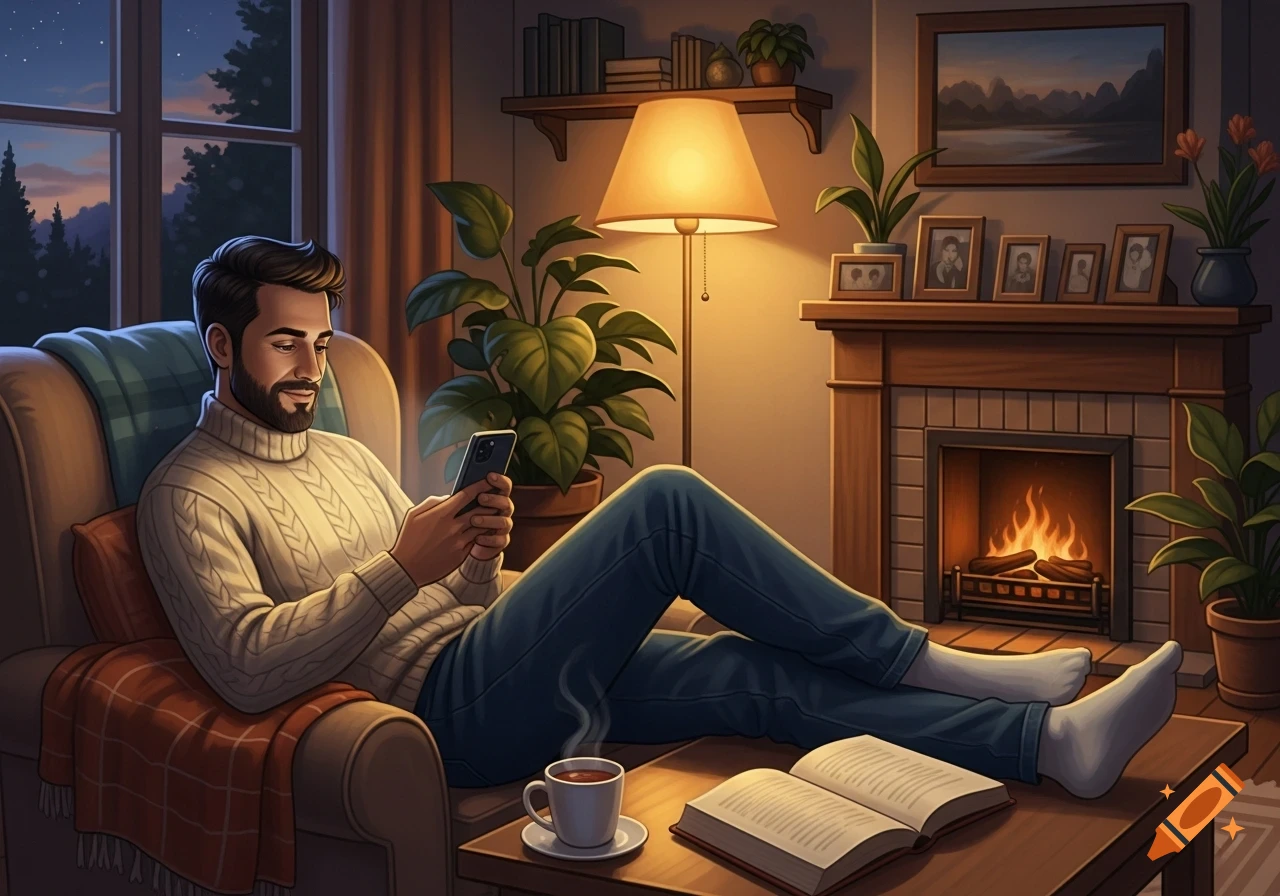 A man in a white sweater relaxes in an armchair, looking at his phone, in a cozy living room with a lit fireplace.
