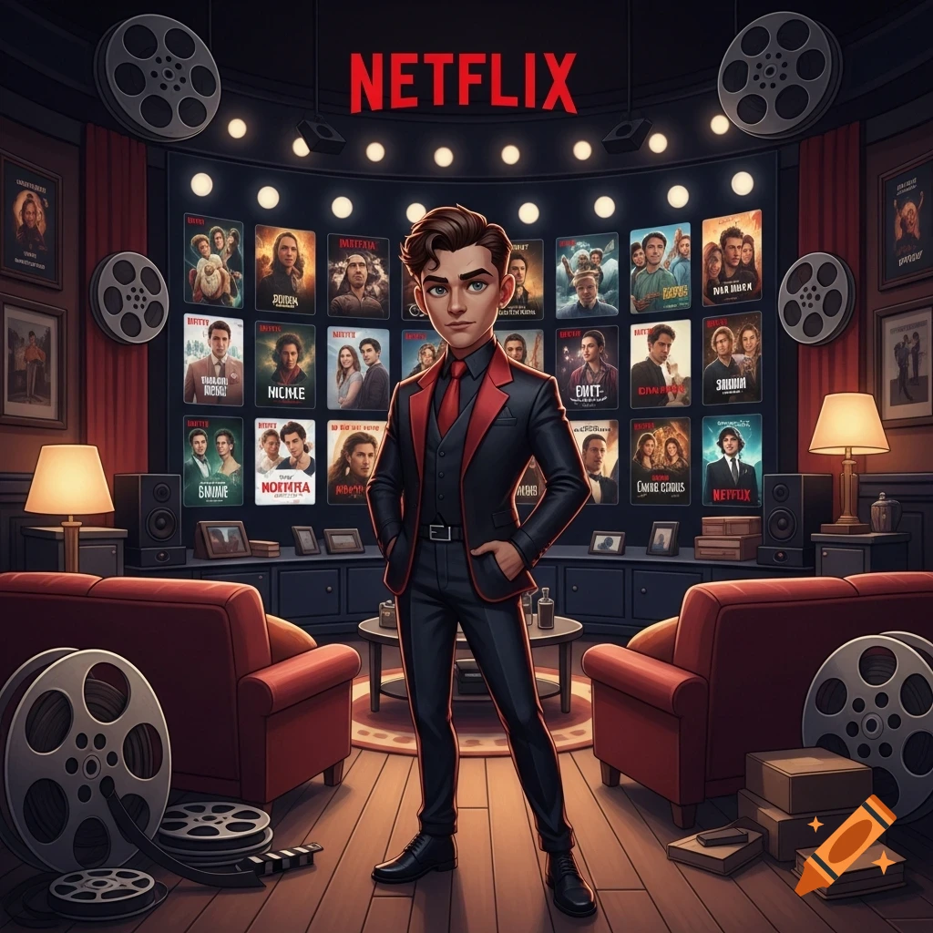 A stylized man in a black and red suit stands in a home theater, with a large screen displaying Netflix movies and the Netflix logo above.