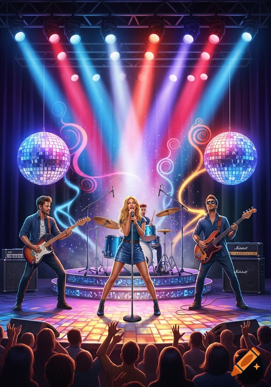 A vibrant pop rock disco band performs on stage under colorful spotlights and two large disco balls, with a silhouetted audience cheering.