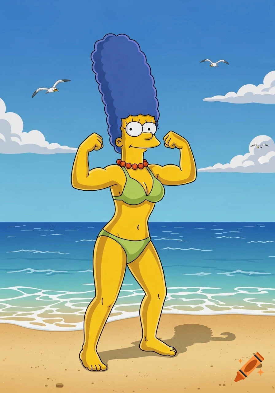 Marge Simpson in a green bikini flexes her biceps on a sandy beach under a blue sky, in a cartoon style.