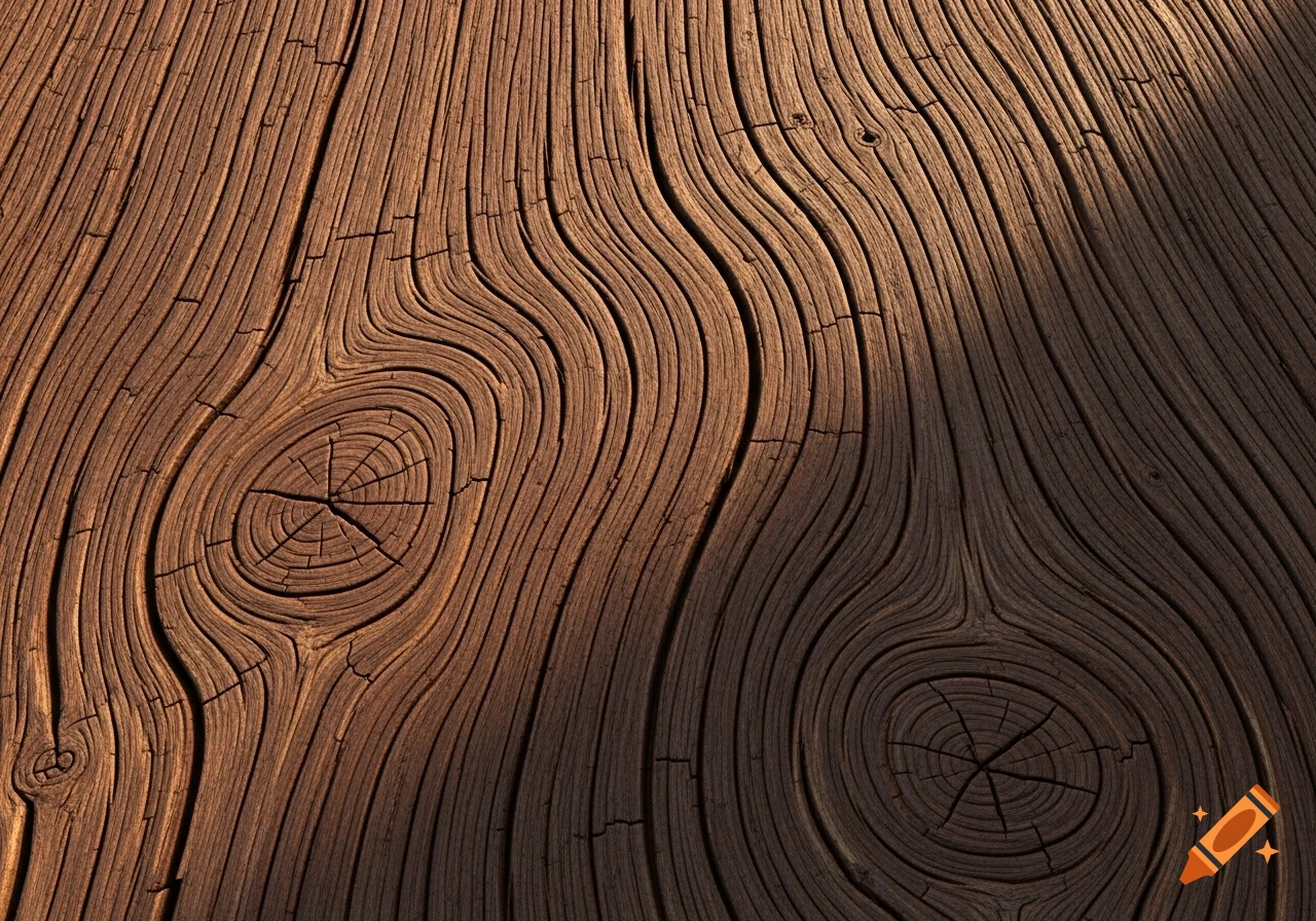 Photorealistic close-up of rich brown wood grain with prominent knots and wavy patterns, partially illuminated by warm light.