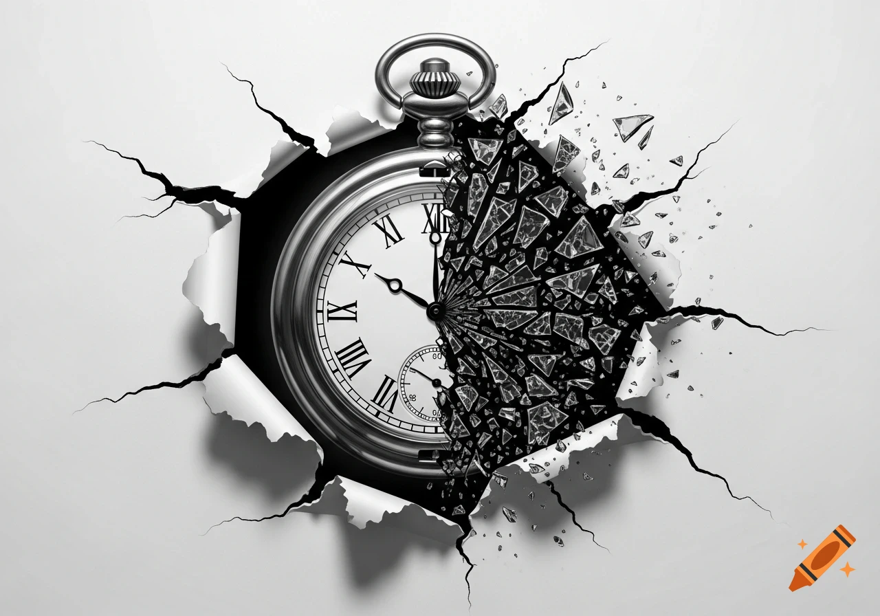A monochromatic pocket watch appears to break through torn paper, with its right side shattering into glass fragments.