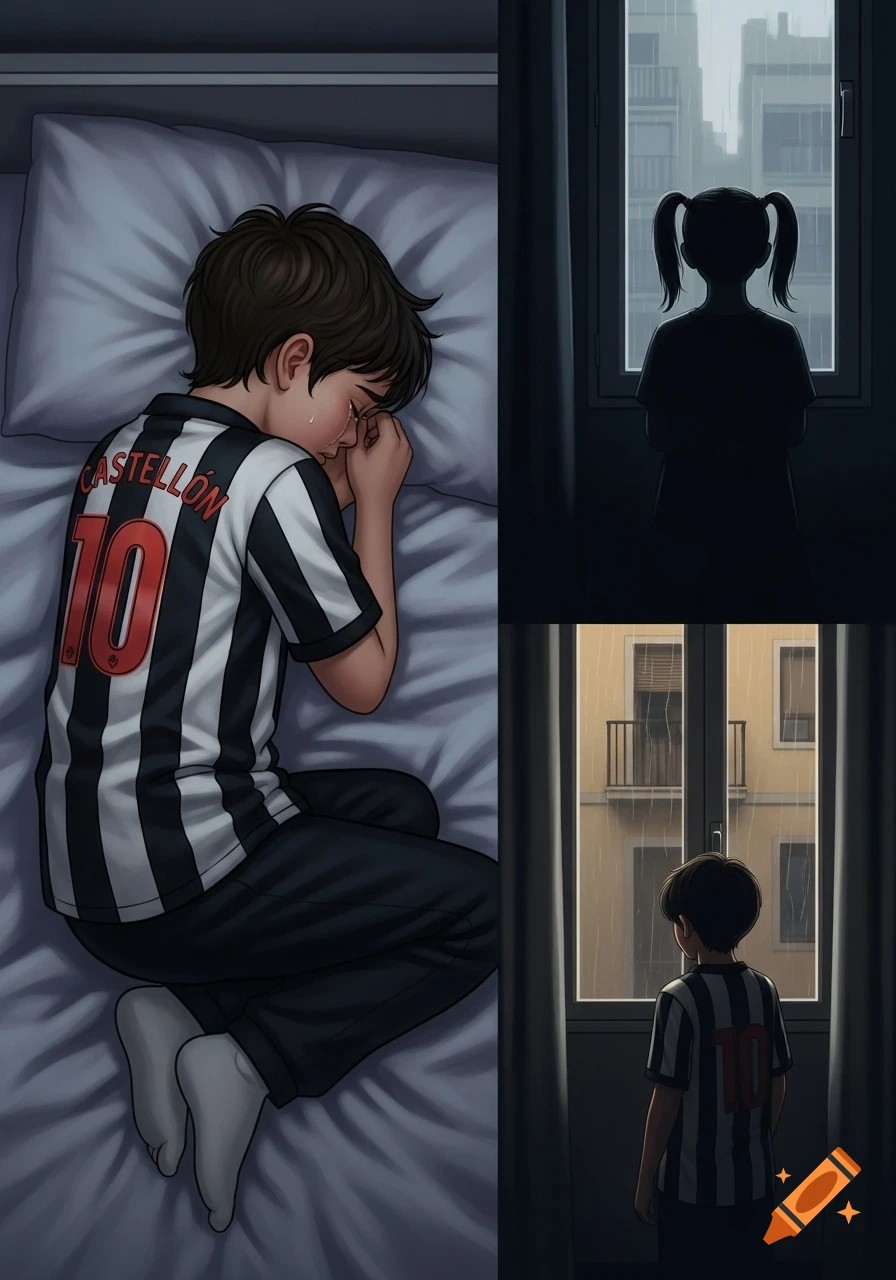 Anime illustration of a boy crying in bed wearing a Castellón jersey, and children looking out rainy windows.