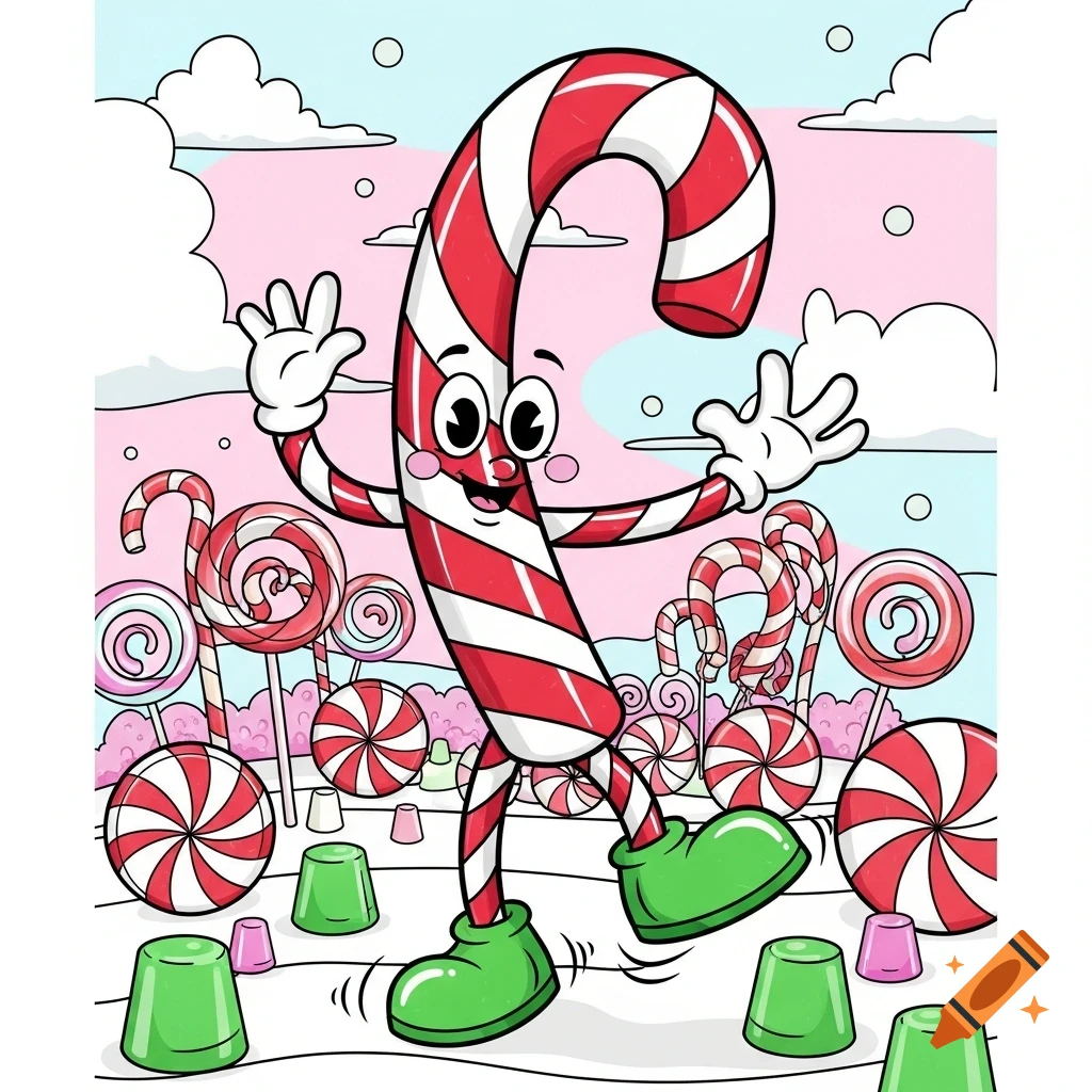 A cheerful cartoon candy cane character with green boots dancing in a whimsical candy land, surrounded by lollipops.