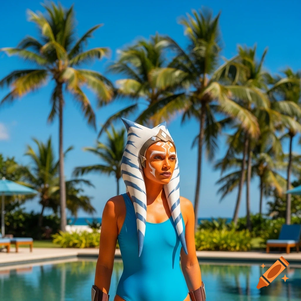 Ahsoka Tano in a blue swimsuit stands by a swimming pool with palm trees against a bright blue sky.