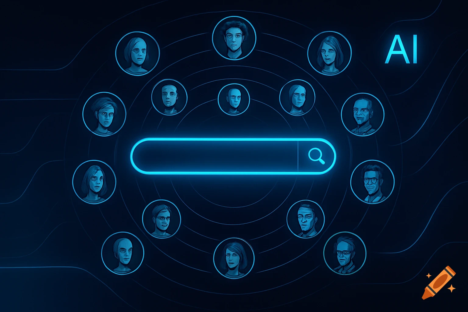 Digital interface for an AI streaming service with a glowing search bar surrounded by blue user avatars.