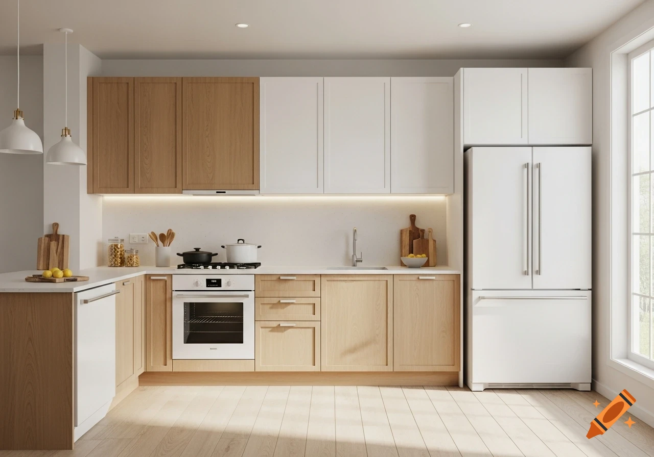 A bright, modern kitchen featuring light wood lower cabinets, mixed medium wood and white upper cabinets, a white refrigerator, and a sink, illuminated by natural sunlight.