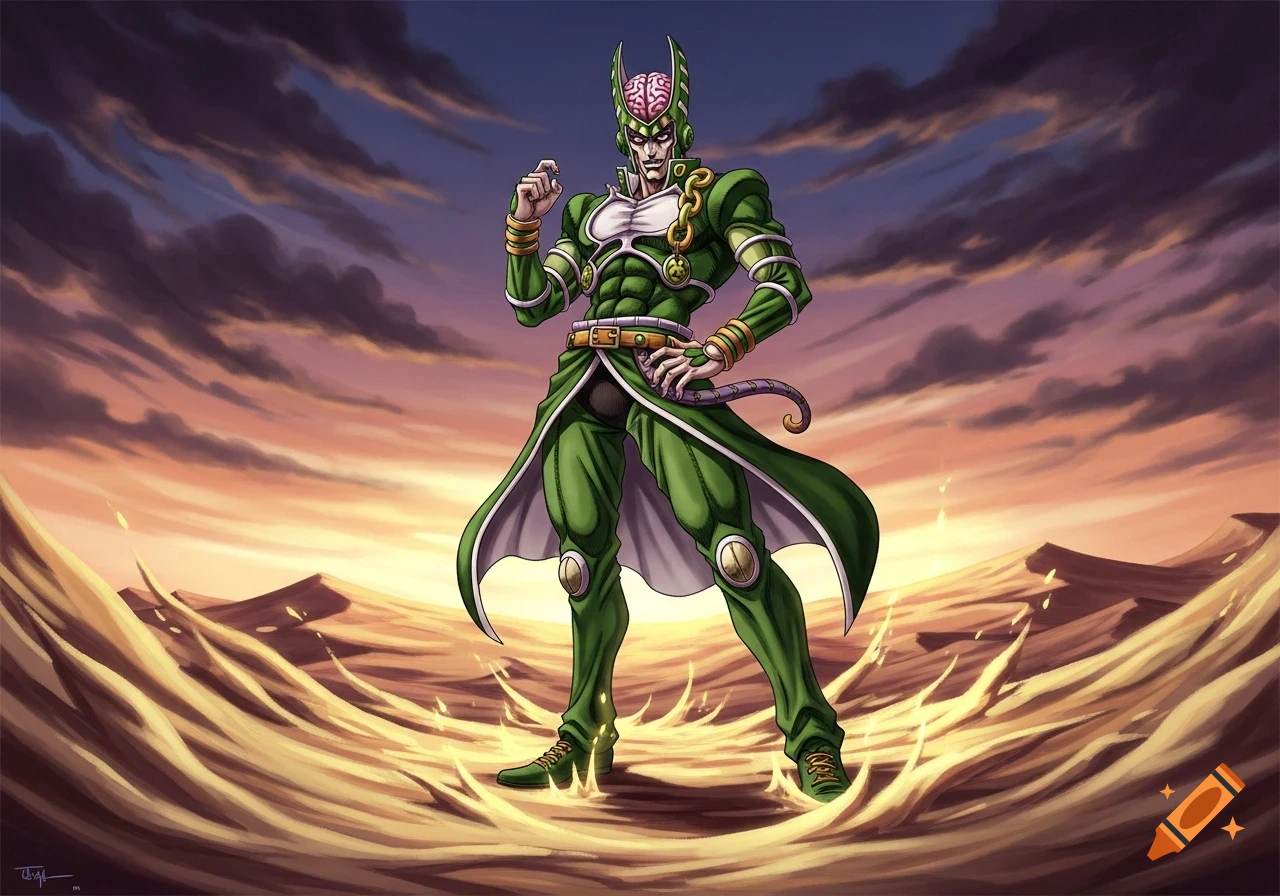 A muscular, green-skinned man with an exposed brain, wearing a green and gold anime-style outfit, stands in a dramatic desert landscape at sunset.