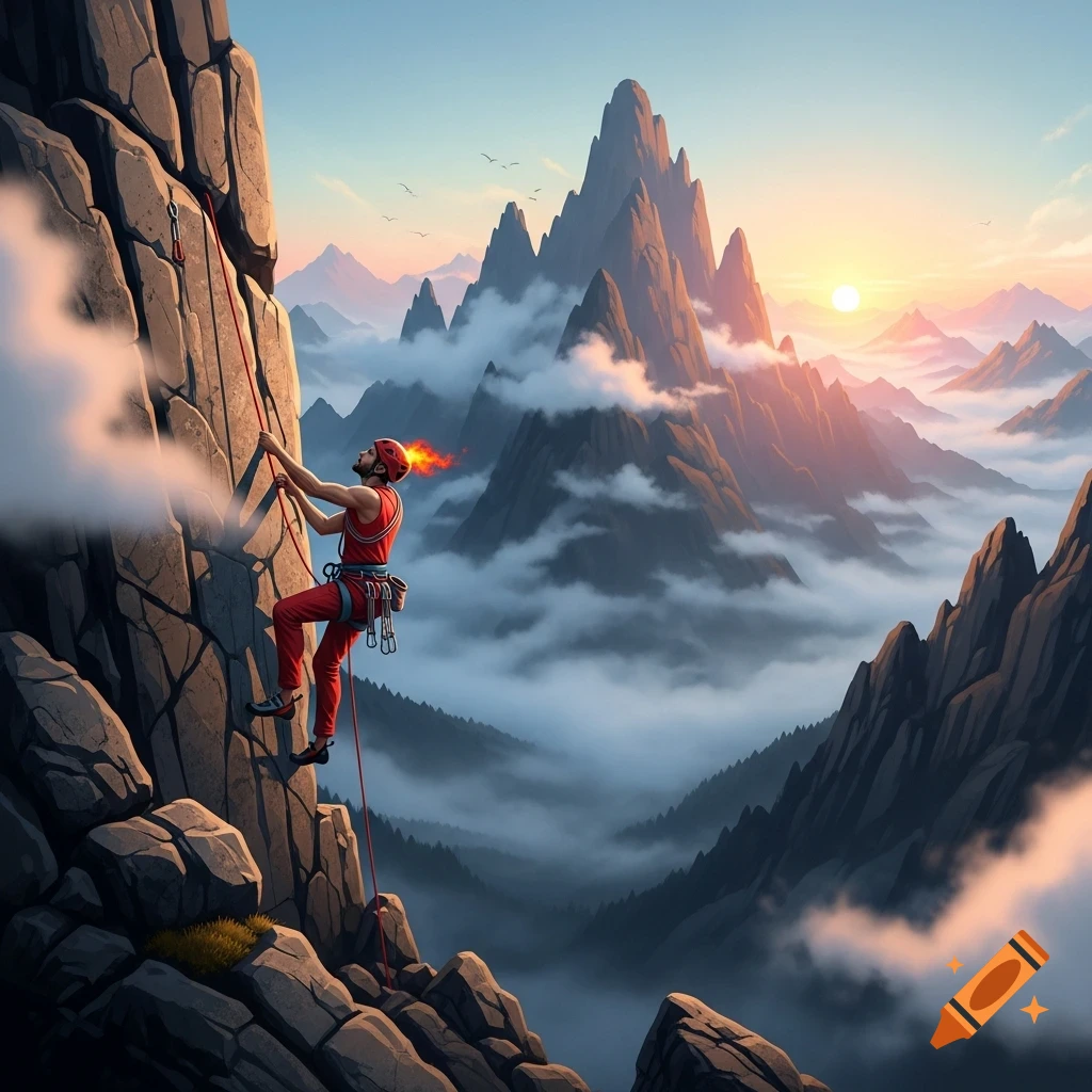 A male climber with a fiery head ascends a steep rock face overlooking a vast, cloud-filled mountain range at sunrise.