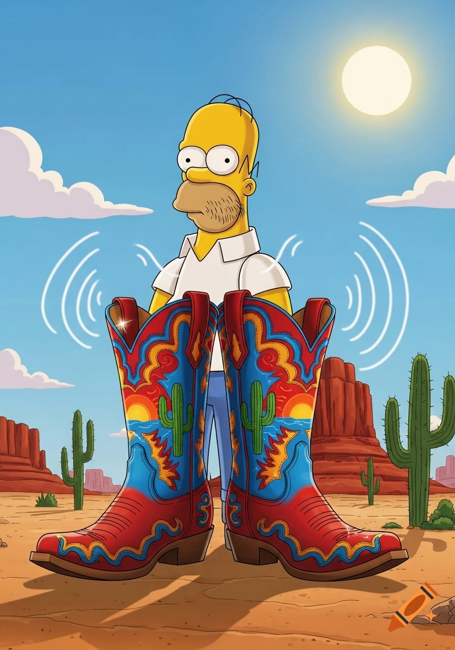 Cartoon Homer Simpson stands in a desert landscape, partially obscured by large, colorful, flamboyant cowboy boots.
